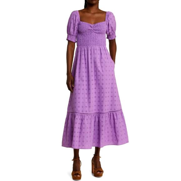 Lost + Wander Lilac Purple Puff Sleeve Tiered Eyelet Embroidery Maxi Dress Large - Picture 1 of 12
